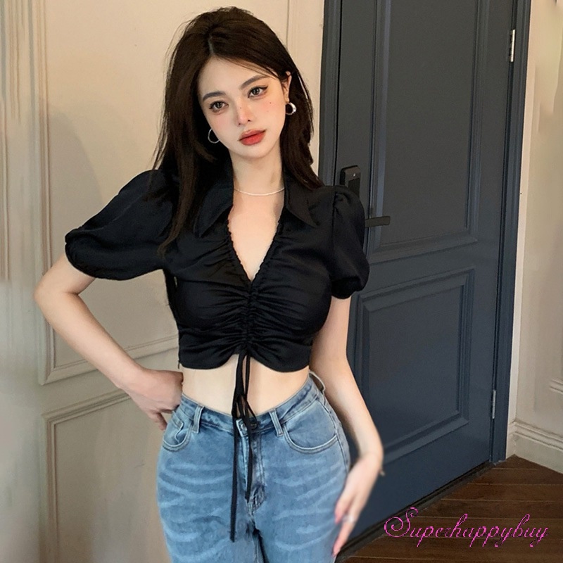 Áo Sơ Mi Tay Phồng Ngắn Cổ Bẻ Phối Dây Rút Thời Trang Cho Nữ