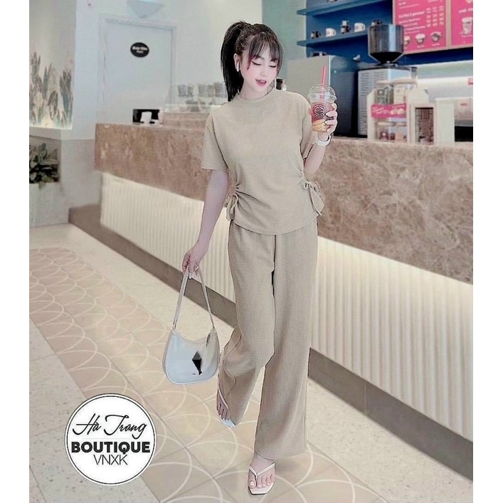 Sét Bộ Thun Gân Rút Dây Hai Bên Hông, Áo Thun Cổ Tròn, Quần Suông, Sét Bộ Nữ Đi Chơi Dạo Phố