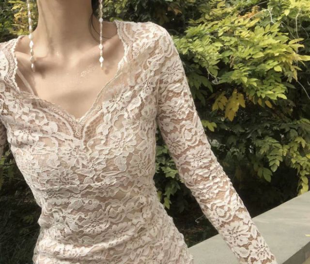 Clip thật Đầm ren nude cổ V sang chảnh size SML