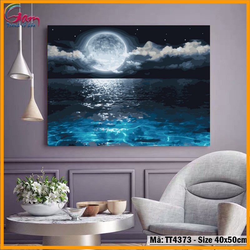 Tranh số hóa tự tô màu phong cảnh biển đêm trăng Tranhsohoavn TT4373