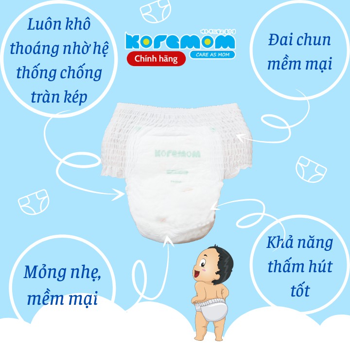 Bỉm Quần KOREMOM - Tã Quần Cao Cấp Hàn Quốc Mềm Nhẹ Khô Thoáng - M52/L48/XL44/XXL40