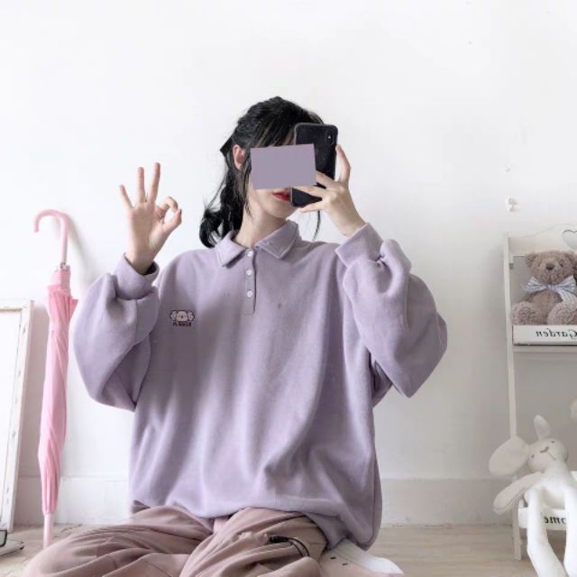 [ORDER+ẢNH THẬT] Áo Polo tím dài tay chất nhung mịn oversize Ulzzang thêu hình siêu xinh 😍