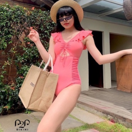 P2P BIKINI - Monokini tay bèo rút dây ngực cut out hồng candy - MN370M_TB