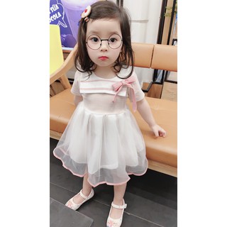 Váy ren công chúa kẻ đính nơ cho bé gái