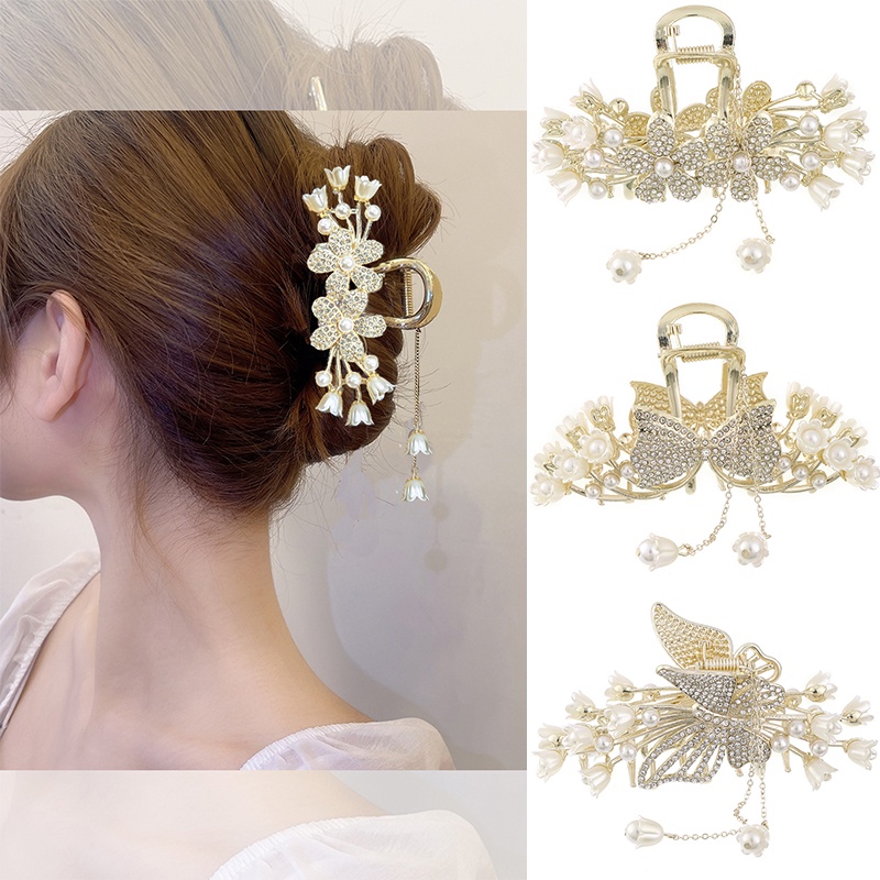 Kẹp Tóc Kim Loại Hình Bướm Đính Đá & Ngọc Trai Nhân Tạo Kiểu Dáng Mới