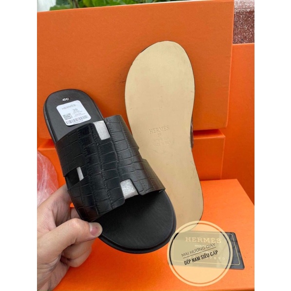 Dép hermes da thật siêu cấp . Dép nam quai ngang chữ h để cao su kèm hộp