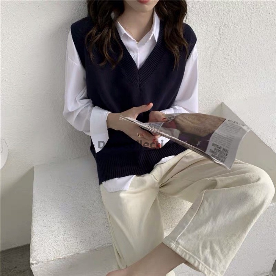[Nowship2h] Áo Gile Len Trơn Vintage Áo Len Không Tay Cổ V Cá Tính Phong Cách Hàn Quốc Thời Trang Thu Đông - Mã TA004