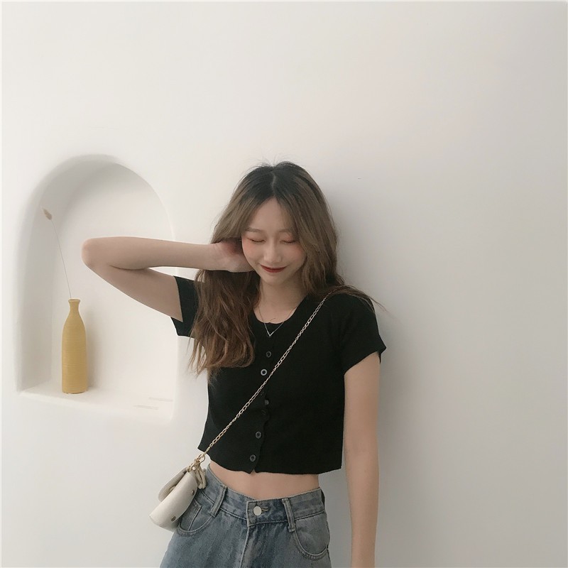 Áo Croptop Nữ Tay Ngắn Dáng Ôm Khóa Cúc, áo thun nữ ngắn tay, Croptop Nữ Tay Ngắn phong cách Ulzzang