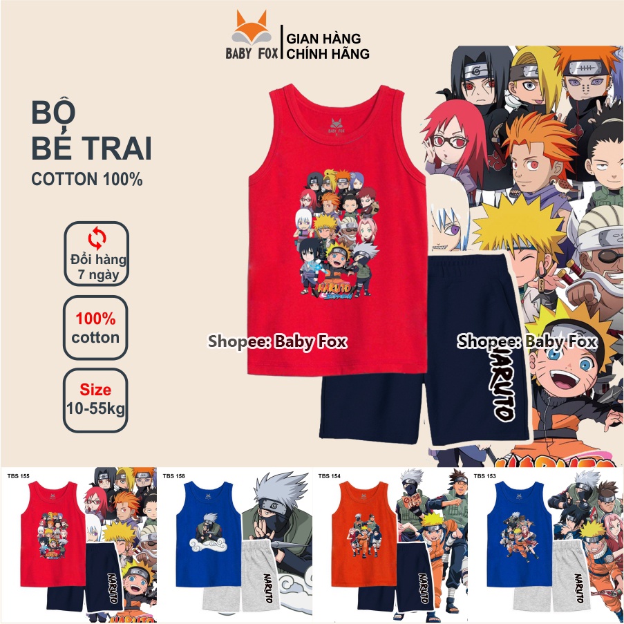 Bộ thun sát nách bé trai 100% cotton loại tốt, BABY FOX, hình Naruto, size nhí trung, đại l