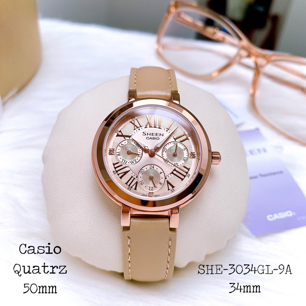 Đồng hồ nữ chính hãng Casio Sheen SHE-3034GL-9A - Máy pin - Kính khoáng cứng - 6 Kim tiện ích