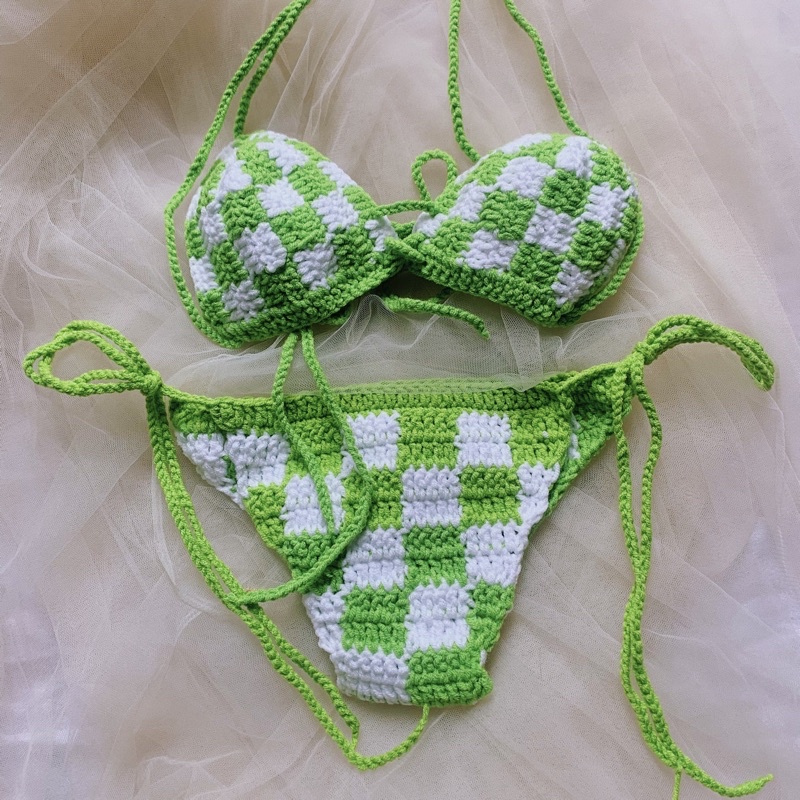 Set Bikini Caro Xanh Trắng, Bra Len Móc - xanhlanhes