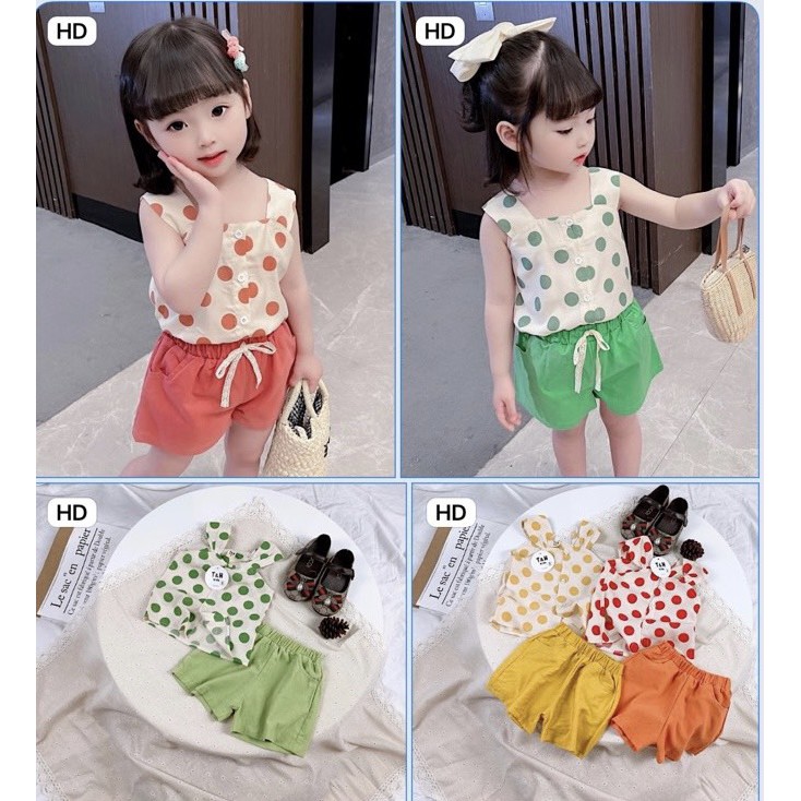 (8-18kg)Set á0 2 dây chấm bi phối quần đũi xinh xắn cho bé gái(clip thật)