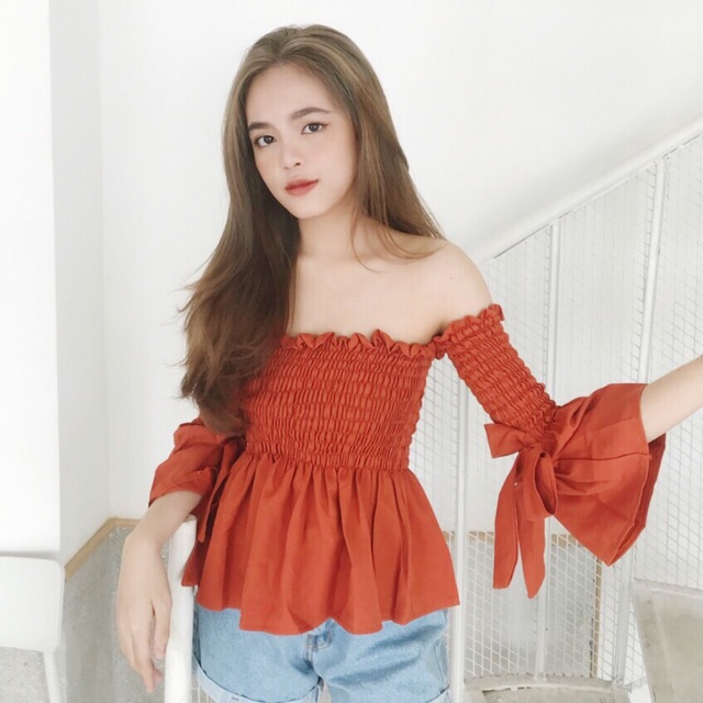 Áo nhún tay loe nơ - 2 màu đen&amp; cam