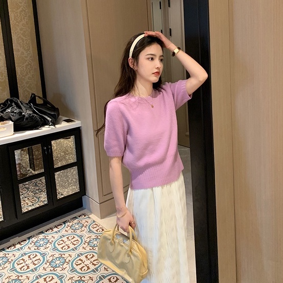 Áo dệt kim ZHELIHANGFEI tay ngắn cổ tròn thời trang