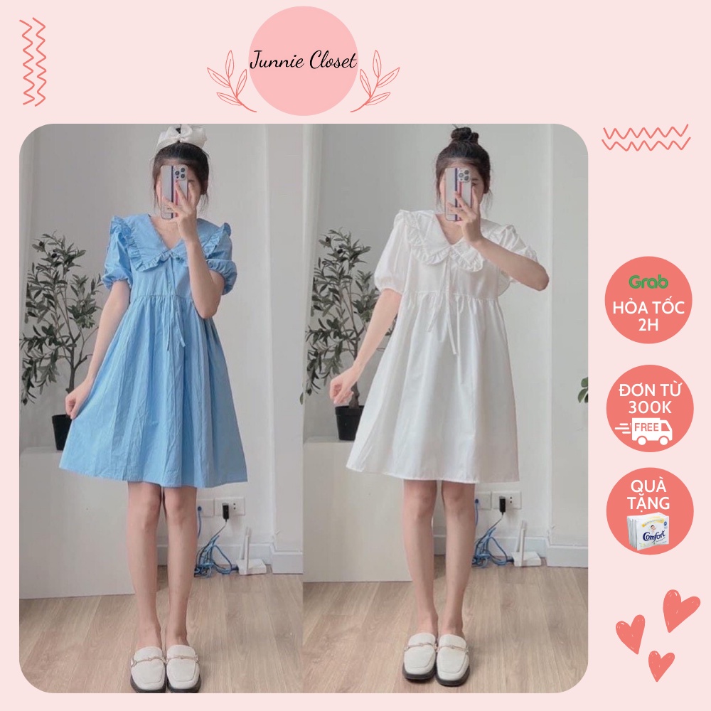 Váy xòe tiểu thư babydoll cổ bèo Đầm trơn tay bồng chất thô lụa mềm mịn Junnie Closet