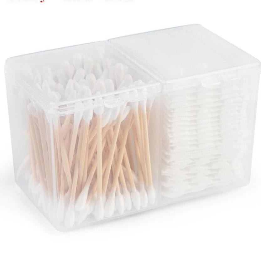 Hộp nhựa 2 ngăn trong suốt đựng bông tẩy trang/tăm bông có nắp đậy