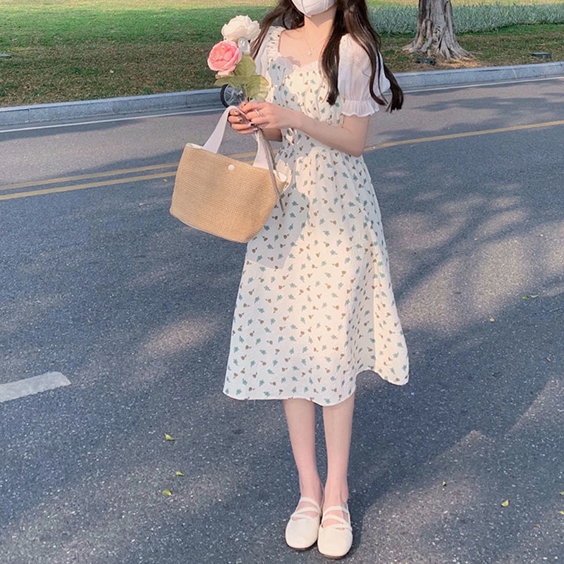 Đầm Hoa Tay Phồng Cổ Vuông Thời Trang Mới 2022 JL-LYQ-23