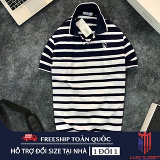Áo thun nam chất thun cotton logo thêu phối sọc ngang cao cấp - ASTD070