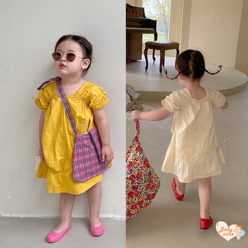 Đầm Công Chúa Mùa Hè Không Tay Cổ Vuông Màu Trơn Cho Bé Gái 3-8 Tuổi