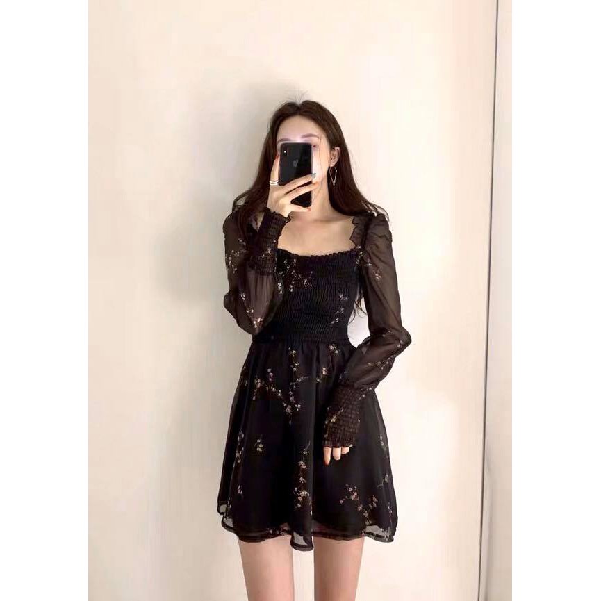 (Sẵn đủ size) Váy đen hoa nhí trễ vai/ Đầm vintage ( Có ảnh thật )