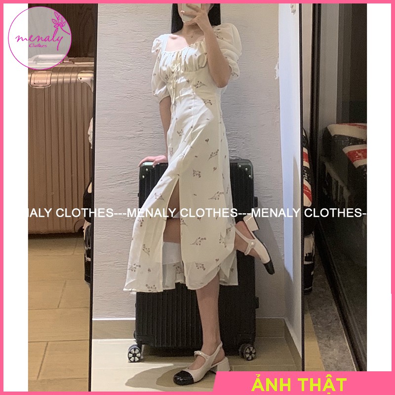 Váy đầm nữ vintage hoa nhí cổ vuông tay bồng VH045