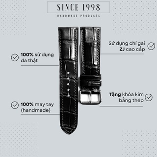 Dây Đồng Hồ Da Cá Sấu SINCE 1998 Khâu Tay Thủ Công Chống Nước Màu Đen Size 20mm 22mm