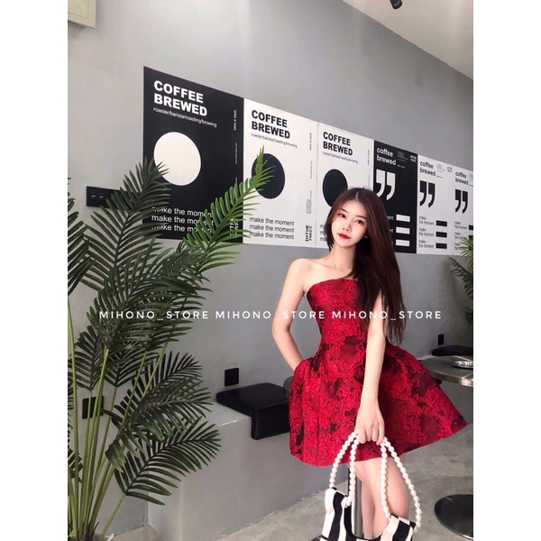 Đầm cúp ngực dáng xoè tiểu thư chất xốp hoa hồng nổi sang chảnh Rosie Dress-Ảnh Shop tự chụp [Mihono_Store]