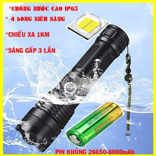 Đèn pin siêu sáng, chống nước, sáng gấp 3 lần, 4 bóng kép P50