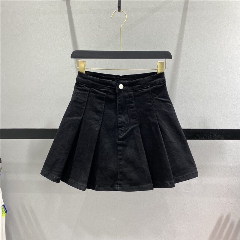Jiashucheng Hàng Có Sẵn Chân Váy Denim Xếp Ly Lưng Cao Màu Xanh Lá Mùa Hè Dễ Phối Đồ Chống Chói Mắt Cho Nữ
