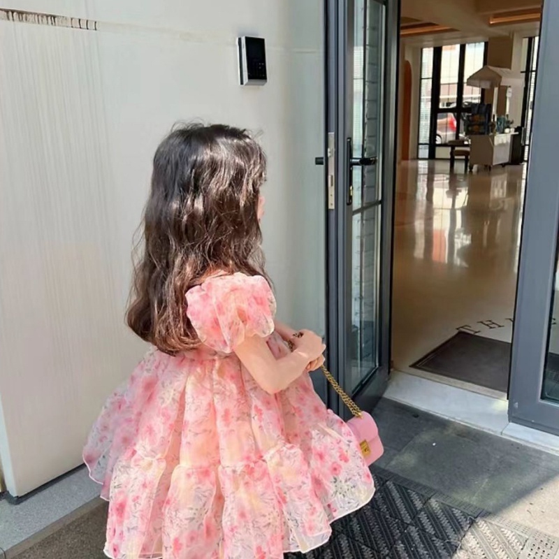 Đầm Tay Phồng Phối Lưới Họa Tiết Hoa Hồng Dễ Thương Thời Trang Mùa Hè Cho Bé Gái