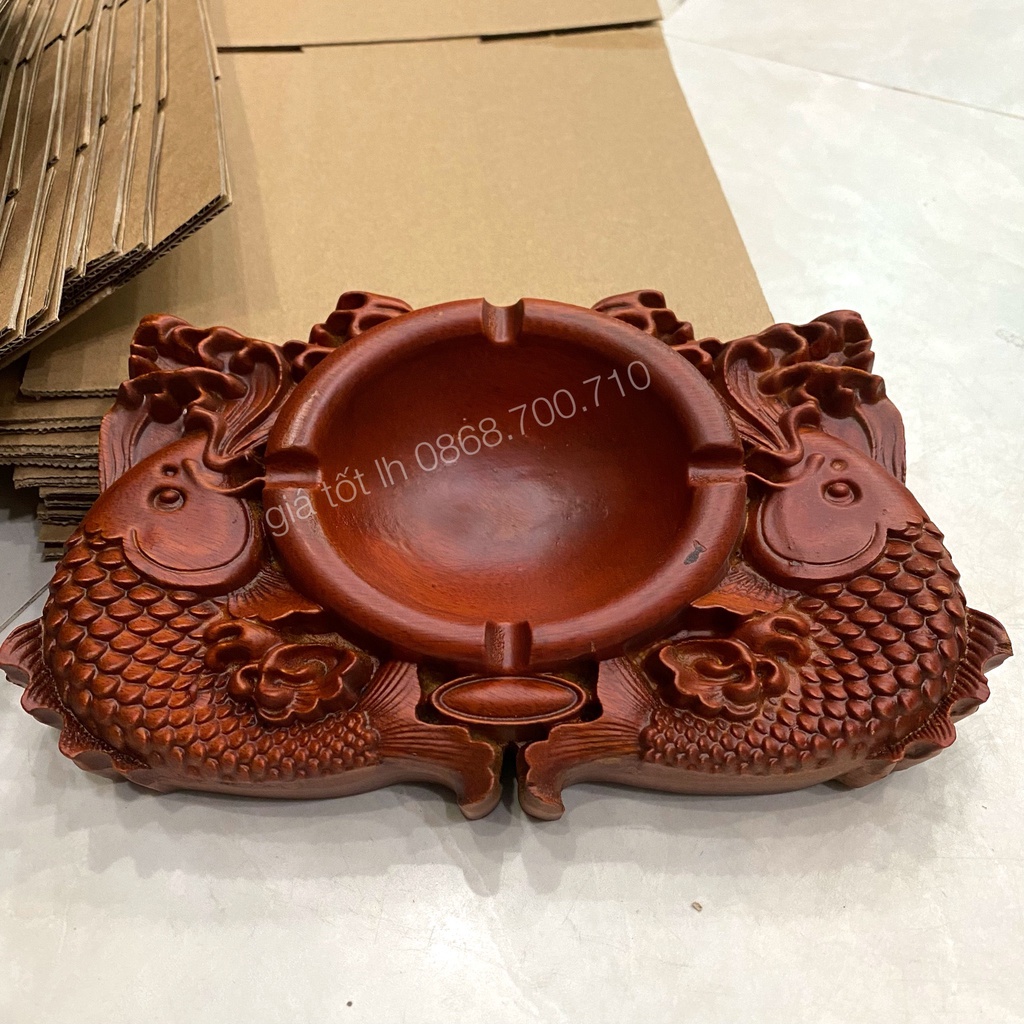 Gạt tàn thuốc chạm song ngư gỗ hương nguyên khối
