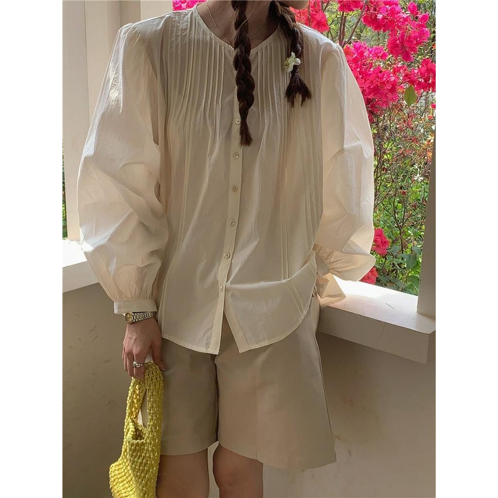 Áo Sơ Mi Dài Tay Cổ Tròn Dáng Rộng Màu Sắc Đơn Giản 61914