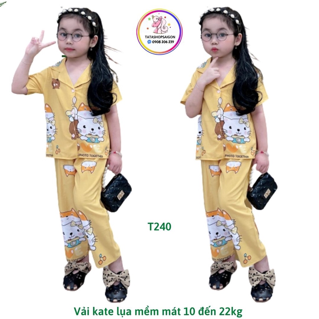 Bộ pijama tay ngắn quần dài bé gái mặc nhà kate lụa mềm mát 11 đến 22kg