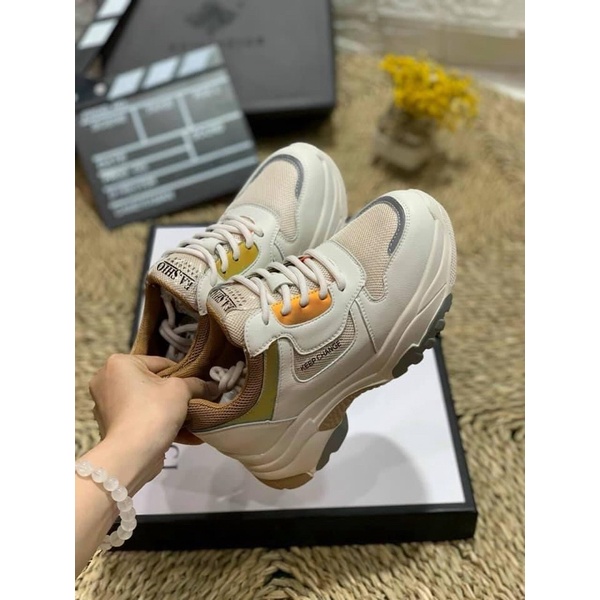 Giày thể thao độn đế nữ sneaker trắng pha nâu fullbox