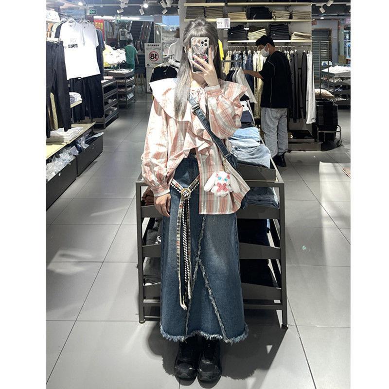 Chân Váy Denim Dài Dáng Chữ A Lưng Cao Viền Rách Màu Xanh Dương Retro Mỹ Dễ Phối Đồ Cho Nữ