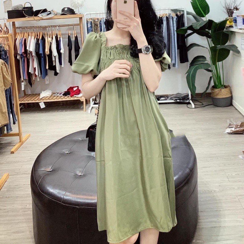 Váy lụa chun ngực dáng suông ba màu cho nữ