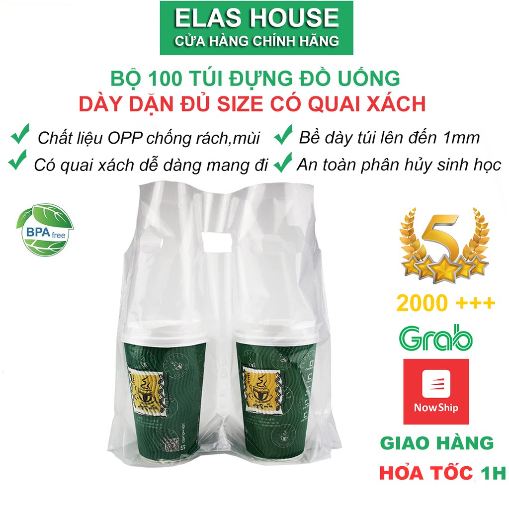 Túi Nylong Trong Suốt,100 Túi Nylong Trong Suốt Có Quai Xách Đựng Trà Sữa Giá Rẻ [Loại 1 Hoặc 2 Hoặc 4 Ly]