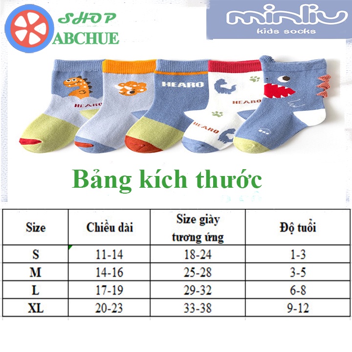 Tất Vớ Trẻ Em Minliu Hình khủng long Cho Bé Từ 1 – 12 Tuổi Chất Cotton Set 5 Đôi