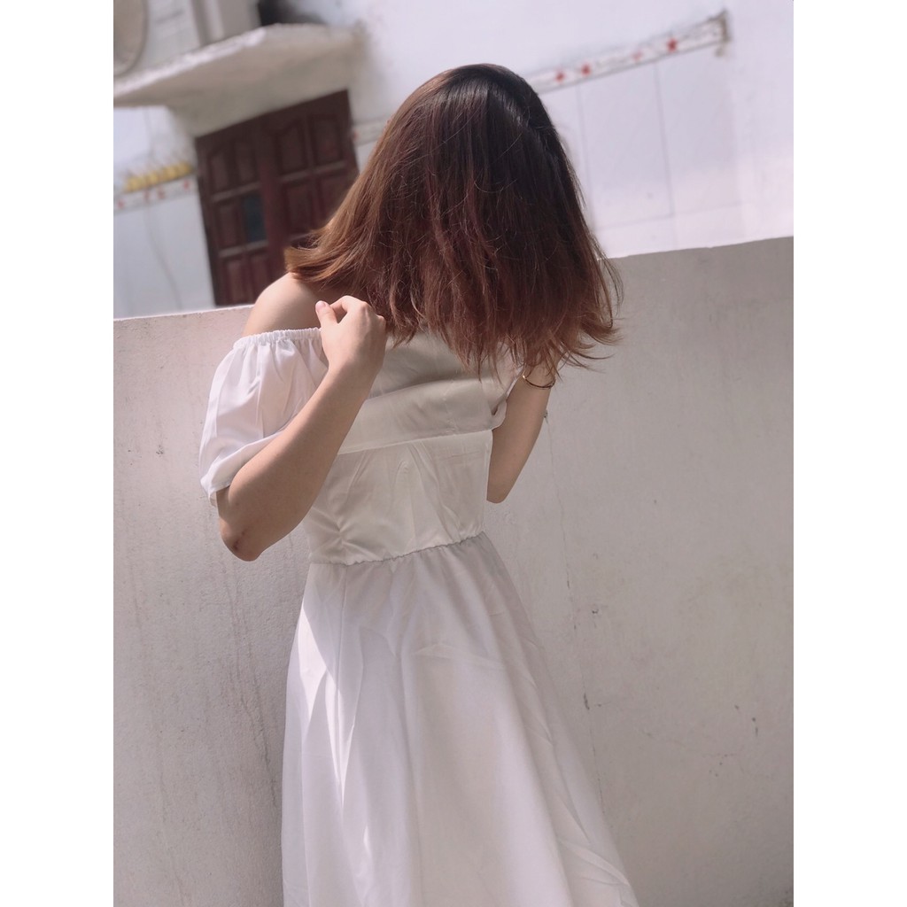 Váy Nữ  ❤️️𝐹𝑅𝐸𝐸 𝑆𝐻𝐼𝑃❤️️ Váy Trắng Ôm Eo Vai Bèo Cổ Vuông - Chất Lụa  Siêu Xinh | BigBuy360 - bigbuy360.vn