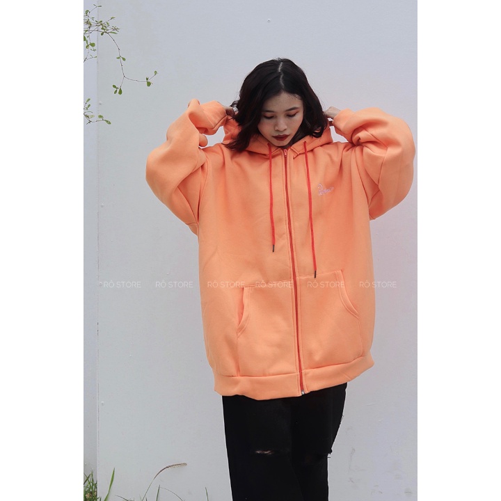Áo khoác nỉ hoodie màu cam nhẹ thêu chữ cực bền form rộng tay bồng unisex Rô Store AK32