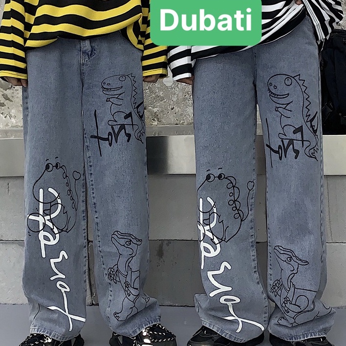 QUẦN BAGGY JEAN NAM NỮ CHẤT BÒ ỐNG RỘNG DÀI THÊU HÌNH KHỦNG LONG- DB 62- DUBATI FASHION