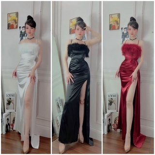 Đầm váy body lụa dạ hội 2 dây phối lông xẻ tà