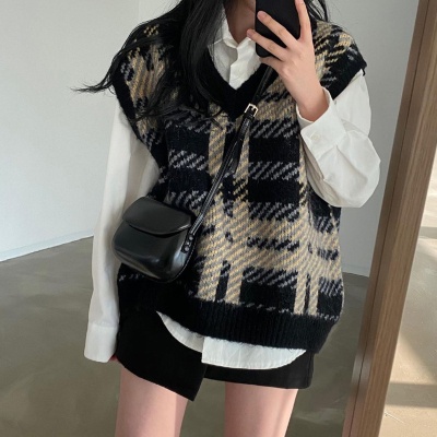 DUNEA Áo sweater không tay cổ chữ V thiết kế phong cách retro Hàn Quốc