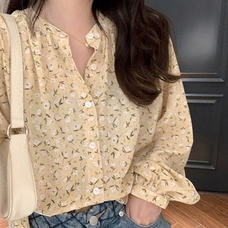 Áo voan IELGY cổ chữ V in hoa kiểu Pháp ngọt ngào vintage cho nữ