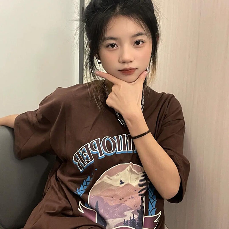 Áo Thun Tay Ngắn Cổ Tròn Dáng Rộng In Họa Tiết Phong Cách retro Mỹ Thời Trang Cho Nữ