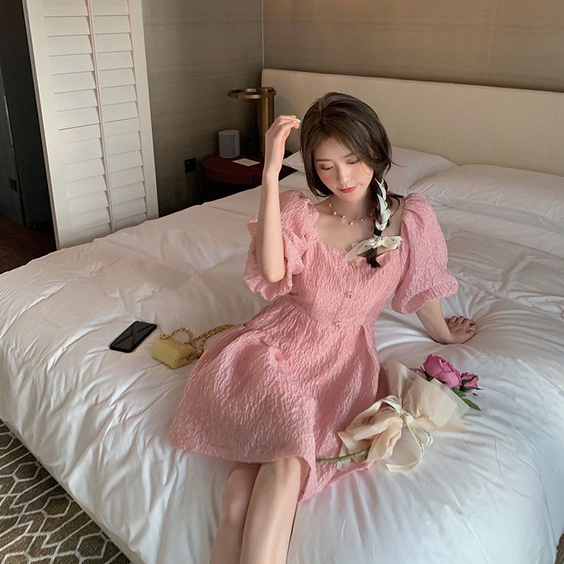 Đầm Hồng Tay Phồng Cổ Vuông Phong Cách Retro Pháp