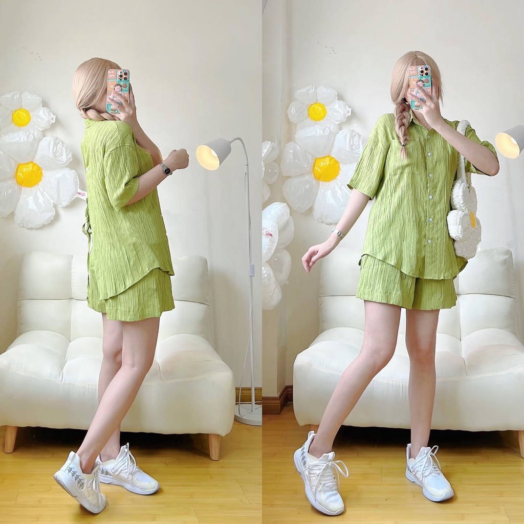 Set áo sơ mi xanh xốp sọc gân nổi QC xẻ tà sau mix quần đùi bao sịn