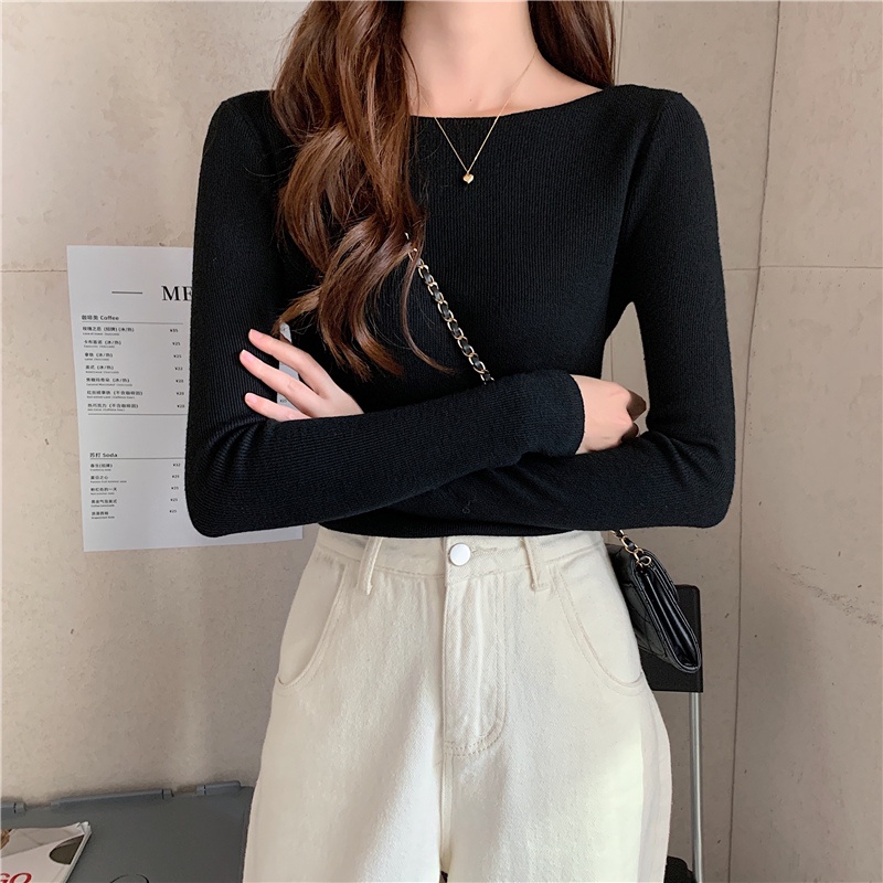 Áo dệt kim ZHELIHANGFEI 1 mảnh dài tay cổ chữ V dáng ôm dễ phối đồ