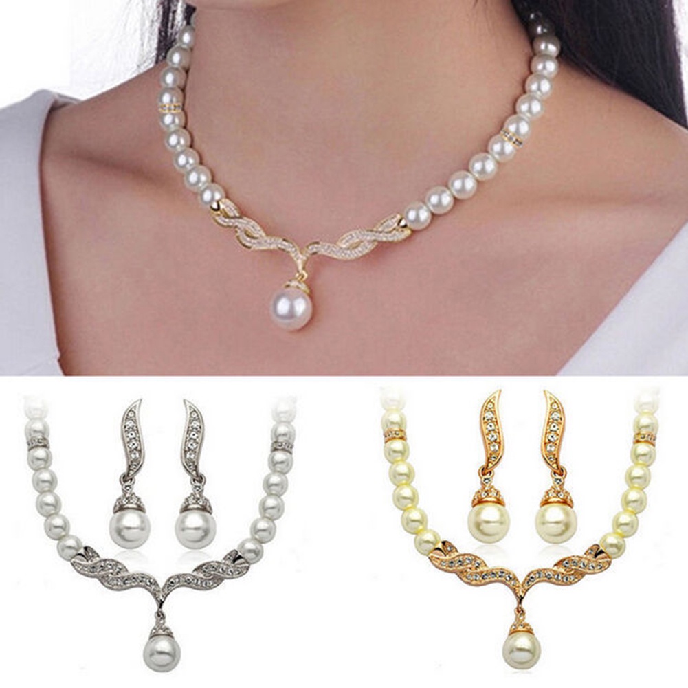 Bộ Vòng cổ + Bông Tai Đính Ngọc Trai Nhân Tạo Thời Trang Cho Cô Dâu