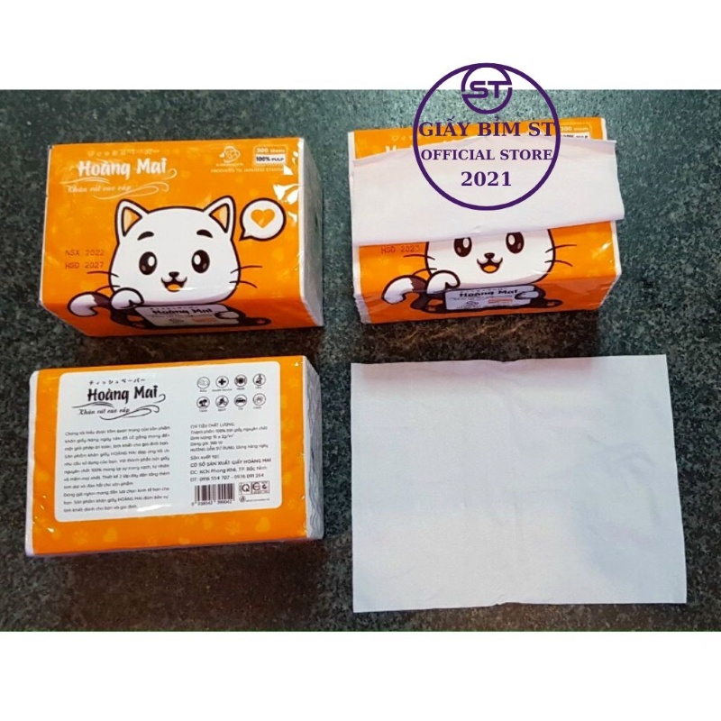 Giấy ăn rút lụa Hoàng Mai 8 gói 300 tờ/gói x 3 lớp gói cỡ trung mềm mại không chất tẩy trắng